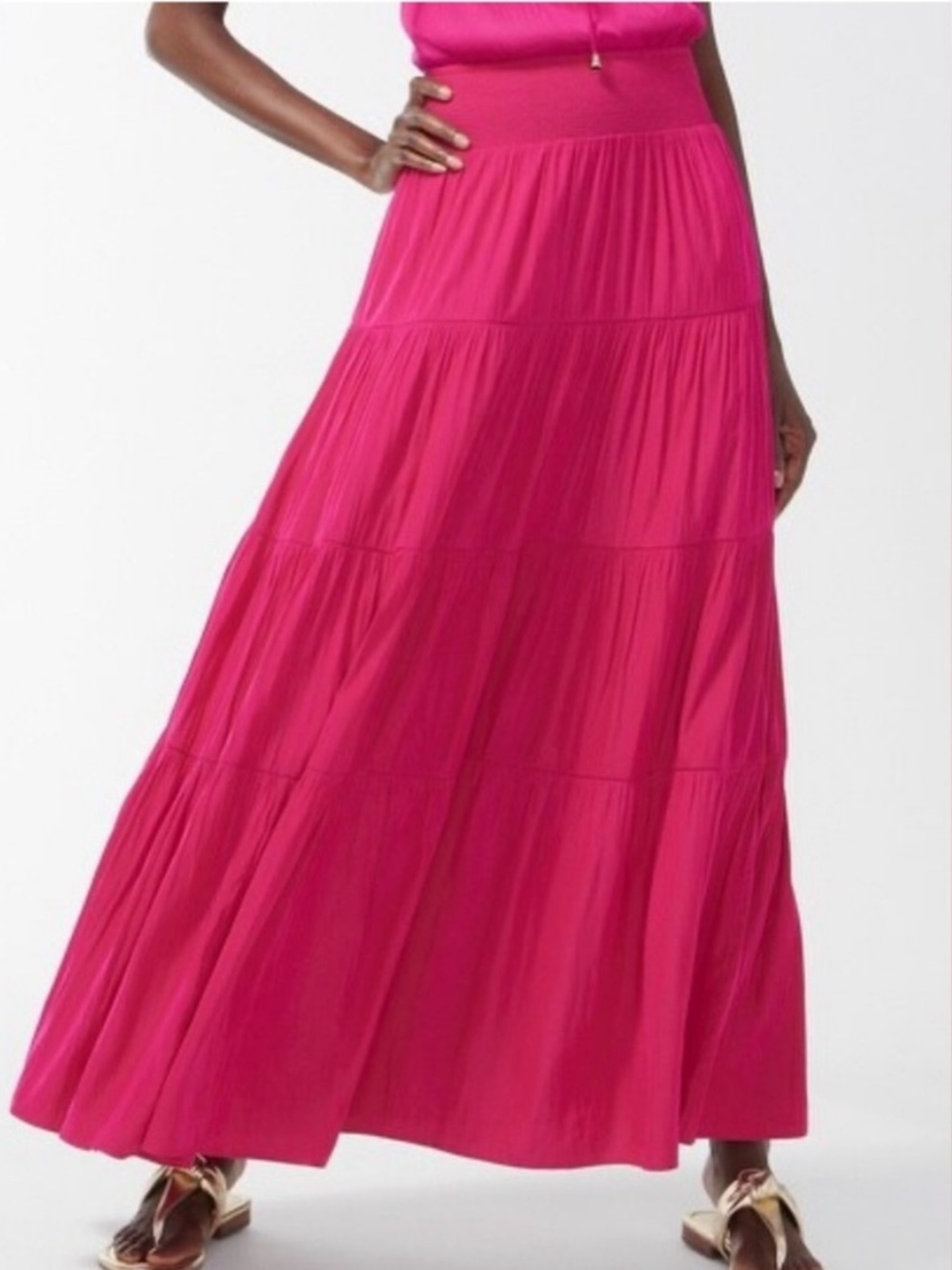 Chico’s sea island tiered maxi skirt in botanic berry fuchsia boho